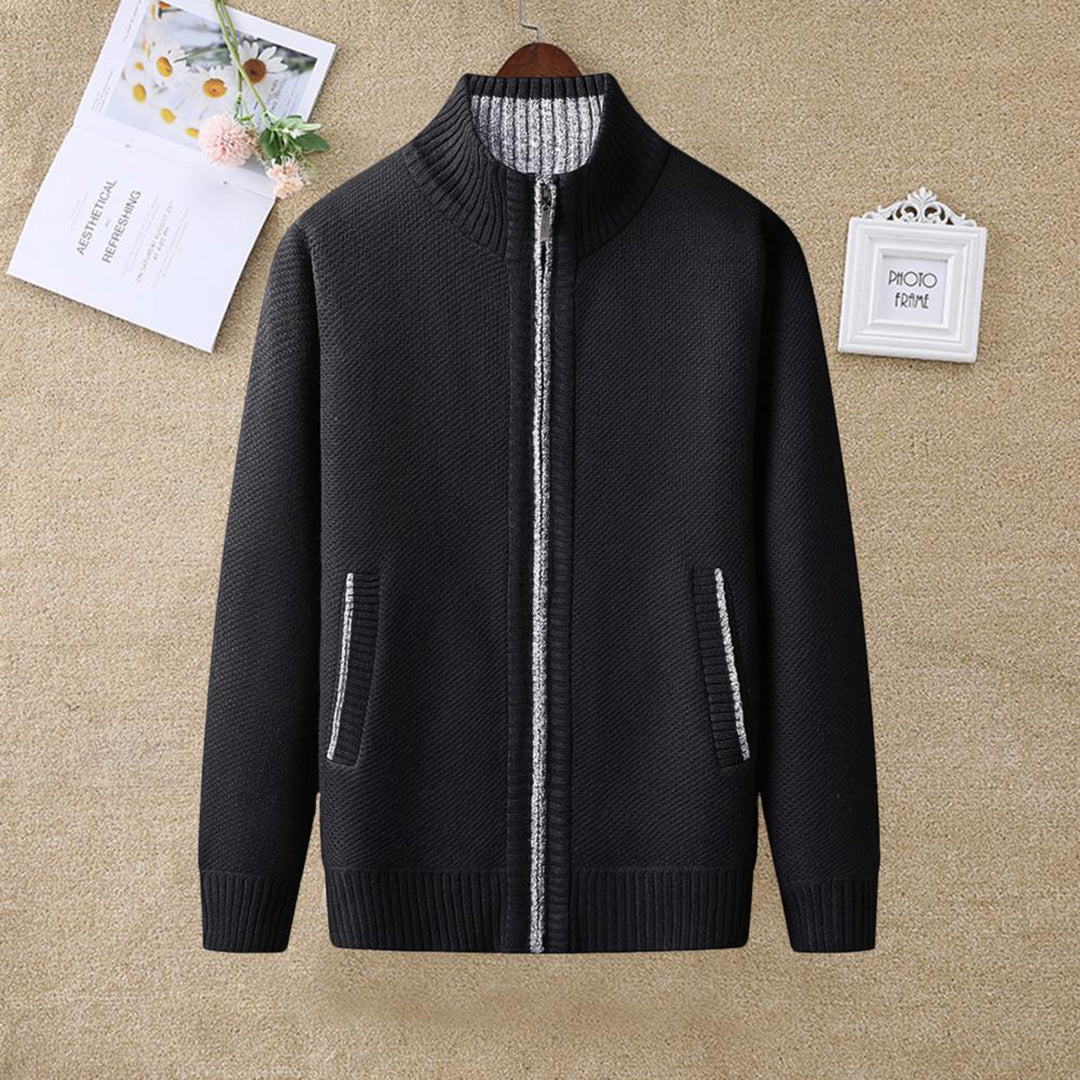 Men's knitted cardigan with stand collar
