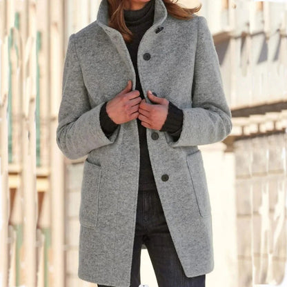 Women’s Wool Coat – Tailored Fit – High Collar – Button Front – Mid-Thigh Length