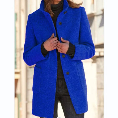 Women’s Wool Coat – Tailored Fit – High Collar – Button Front – Mid-Thigh Length