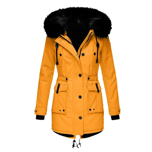 Women’s Coat – Tailored Fit – Faux Fur Hood – Drawstring Waist – Mid-Length Woven Outerwear