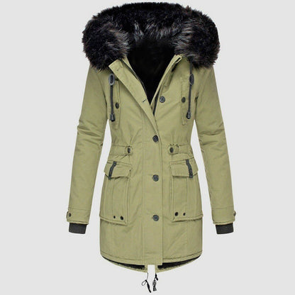 Women’s Coat – Tailored Fit – Faux Fur Hood – Drawstring Waist – Mid-Length Woven Outerwear