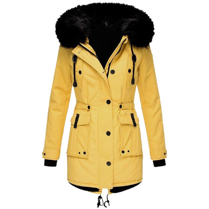 Women’s Coat – Tailored Fit – Faux Fur Hood – Drawstring Waist – Mid-Length Woven Outerwear