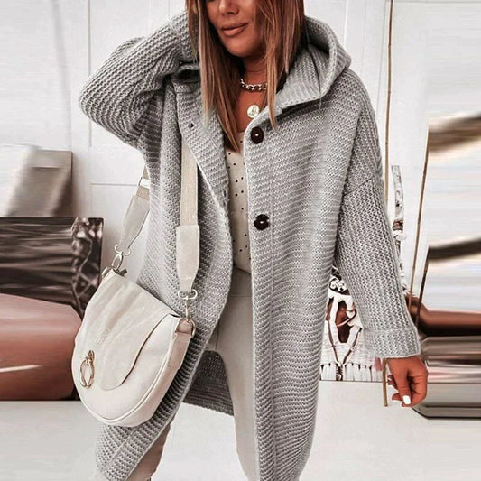 Women’s Hooded Cardigan – Wool Blend – Relaxed Fit – Longline Knit – Button Front