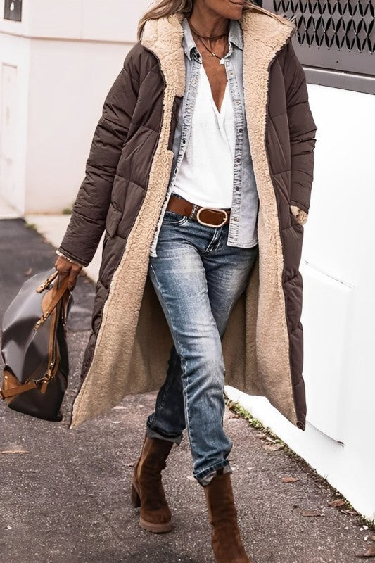 Women’s Long Coat – Quilted Padded – Oversized Fit – Plush Lining – Full Length