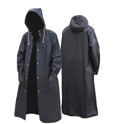 Men's long black water-resistant hooded coat