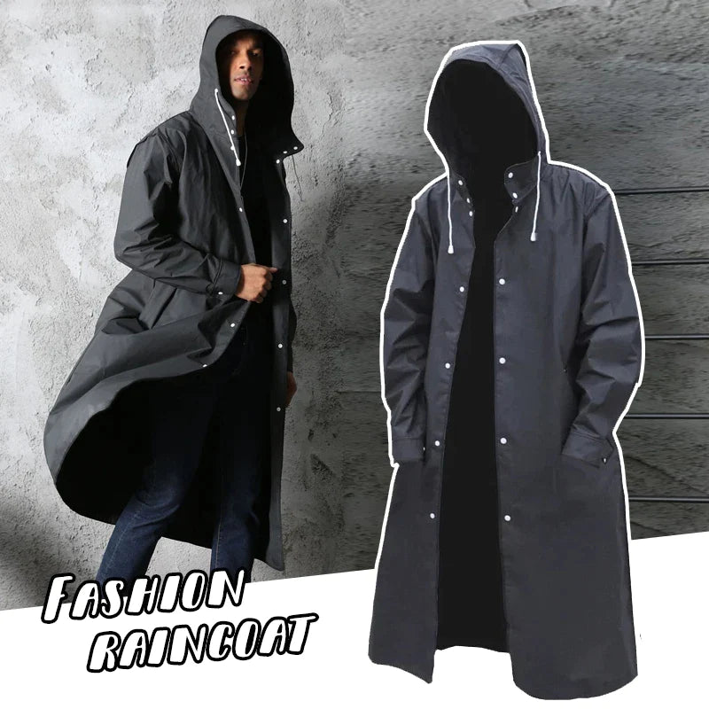 Men's long black water-resistant hooded coat