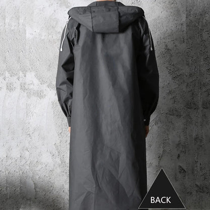 Men's long black water-resistant hooded coat