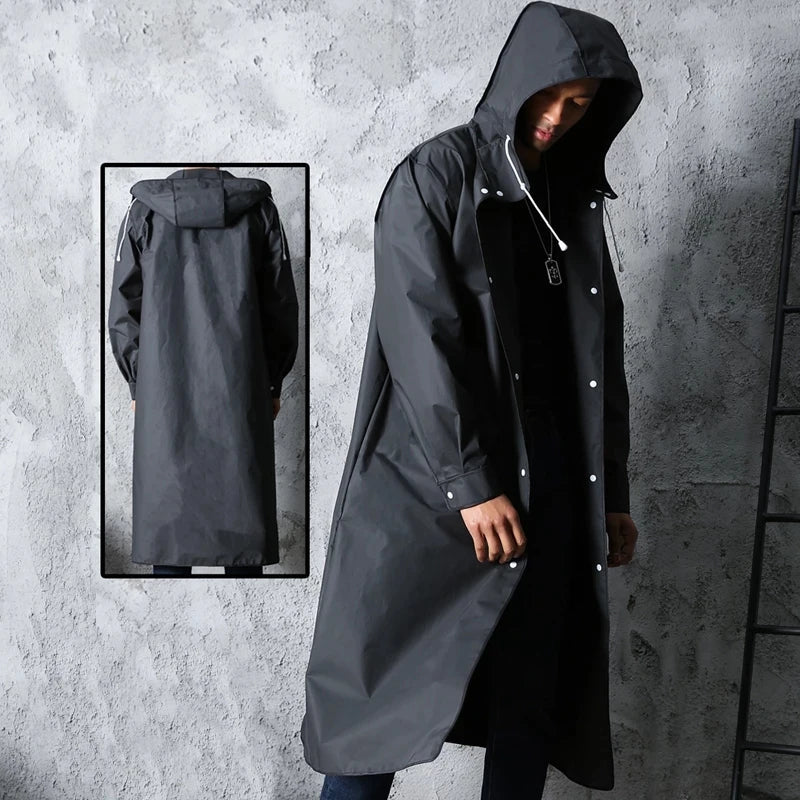 Men's long black water-resistant hooded coat