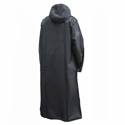 Men's long black water-resistant hooded coat