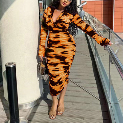 Women's Bodycon Dress - Long Sleeve - Deep V-Neck - Ruched Slim Fit Elegant Wear