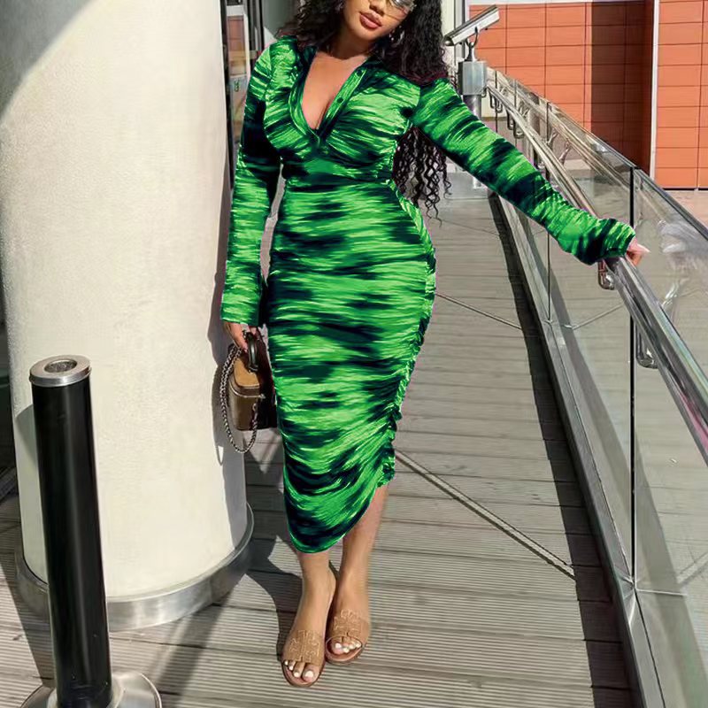 Women's Bodycon Dress - Long Sleeve - Deep V-Neck - Ruched Slim Fit Elegant Wear