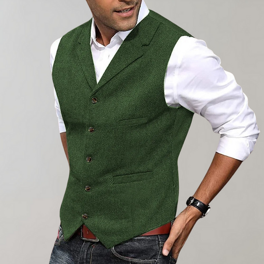 Men’s Suit Vest – Slim Fit – Herringbone Texture – Button Front – Classic V-Neck
