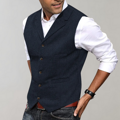 Men’s Suit Vest – Slim Fit – Herringbone Texture – Button Front – Classic V-Neck