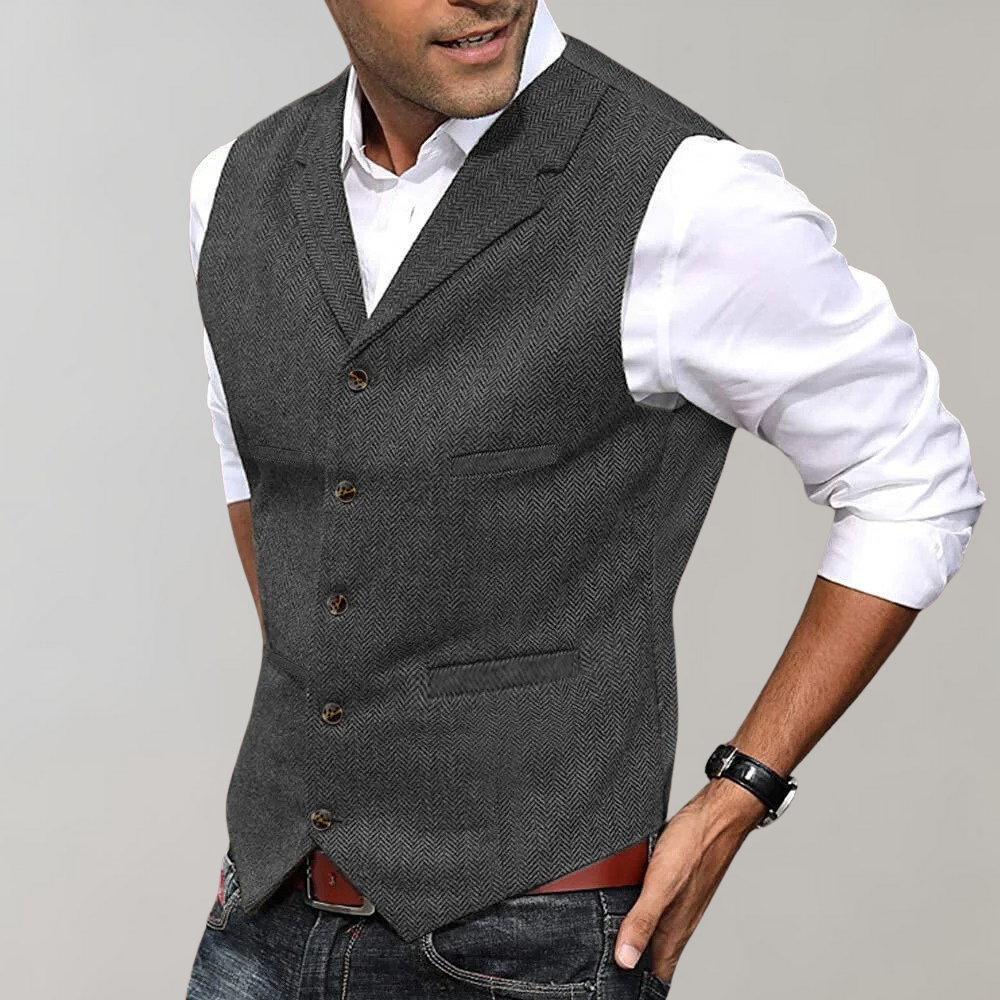 Men’s Suit Vest – Slim Fit – Herringbone Texture – Button Front – Classic V-Neck