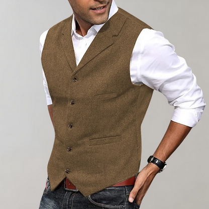 Men’s Suit Vest – Slim Fit – Herringbone Texture – Button Front – Classic V-Neck