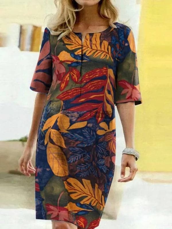 Women’s Knee-Length Dress – Relaxed Fit – Half Sleeve – Bold Leaf Print – Breathable Blend