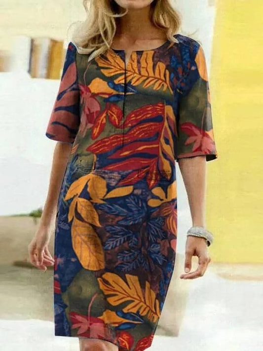 Women’s Knee-Length Dress – Relaxed Fit – Half Sleeve – Bold Leaf Print – Breathable Blend