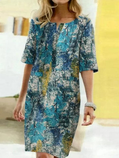 Women’s Knee-Length Dress – Relaxed Fit – Half Sleeve – Bold Leaf Print – Breathable Blend