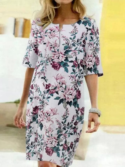 Women’s Knee-Length Dress – Relaxed Fit – Half Sleeve – Bold Leaf Print – Breathable Blend