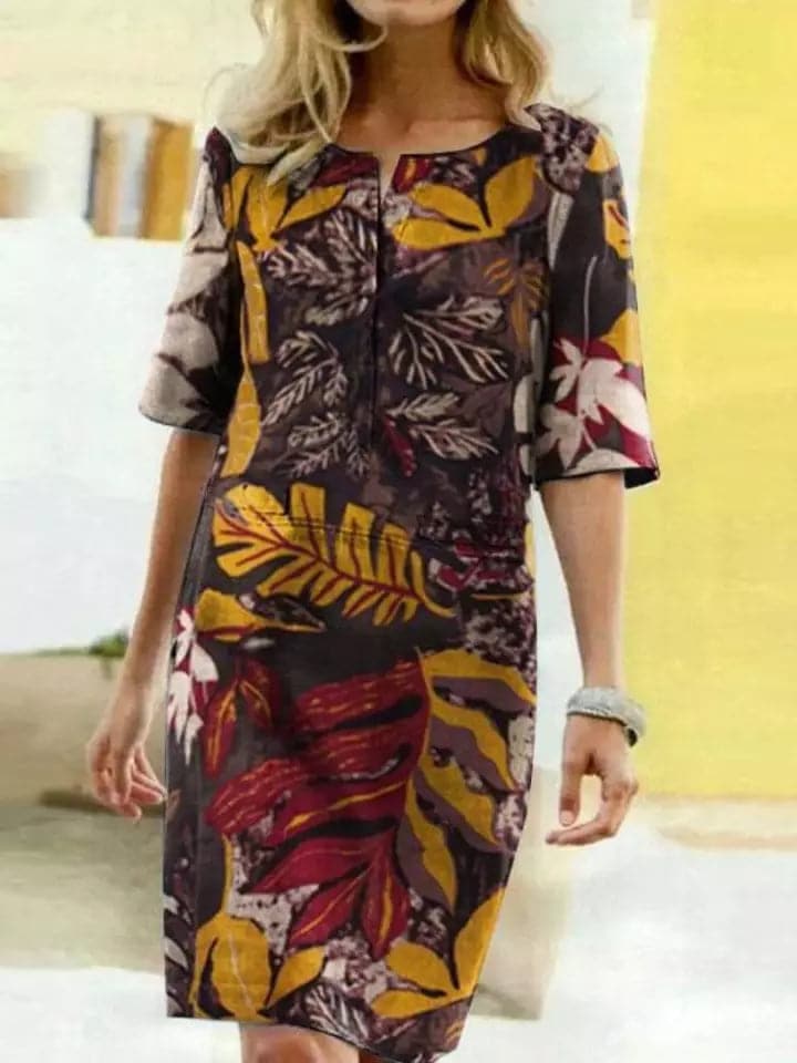 Women’s Knee-Length Dress – Relaxed Fit – Half Sleeve – Bold Leaf Print – Breathable Blend