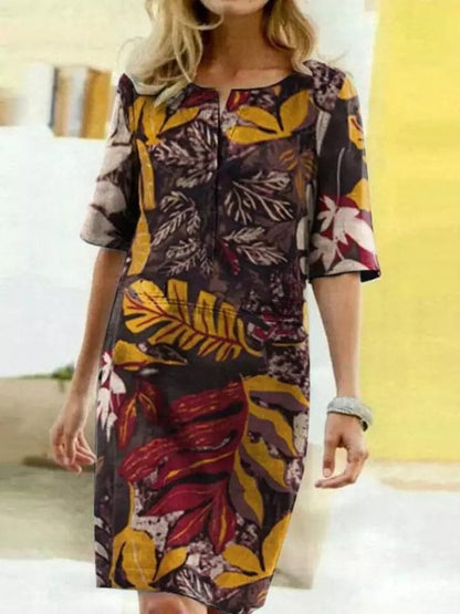 Women’s Knee-Length Dress – Relaxed Fit – Half Sleeve – Bold Leaf Print – Breathable Blend