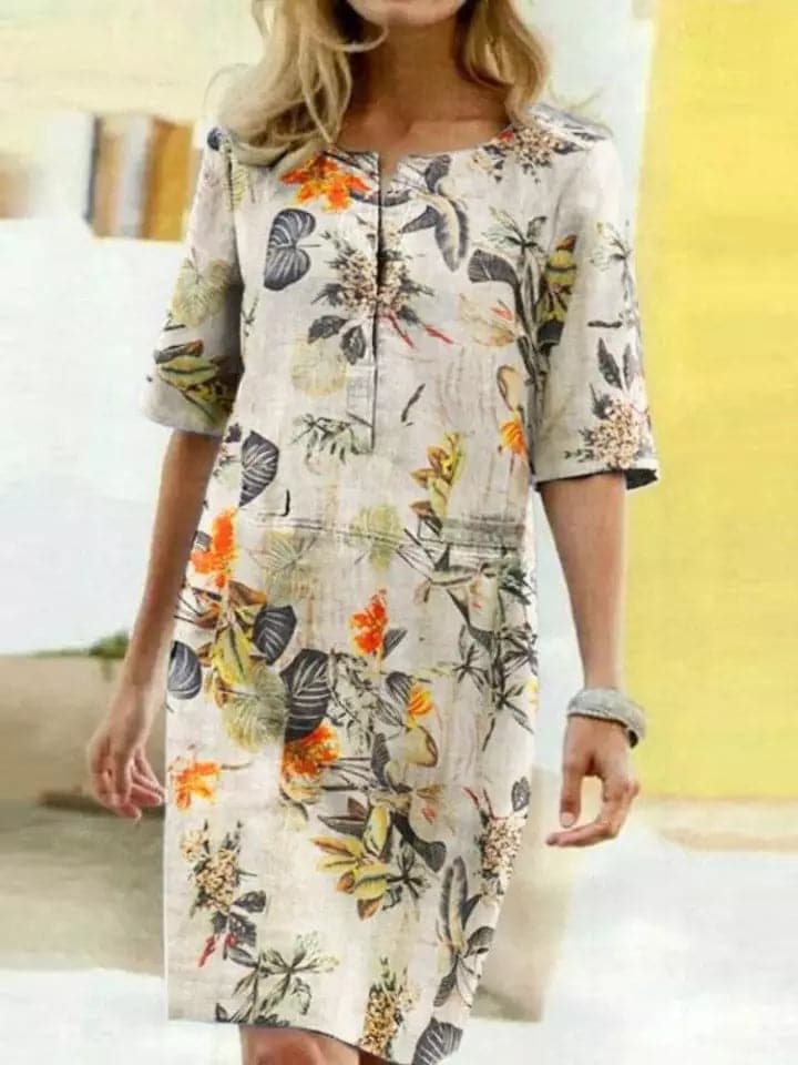 Women’s Knee-Length Dress – Relaxed Fit – Half Sleeve – Bold Leaf Print – Breathable Blend