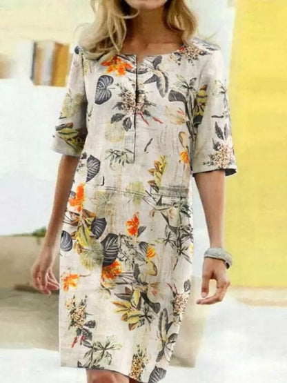 Women’s Knee-Length Dress – Relaxed Fit – Half Sleeve – Bold Leaf Print – Breathable Blend