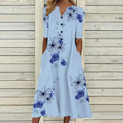 Women’s Midi Dress – V-Neck – Button Down – Short Sleeve – Loose Fit – Butterfly Print