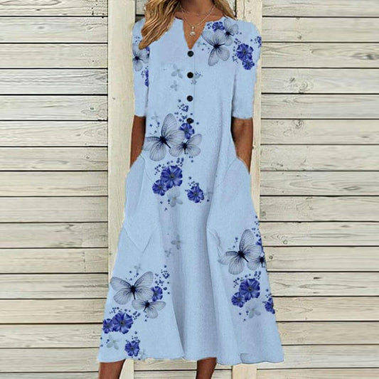 Women’s Midi Dress – V-Neck – Button Down – Short Sleeve – Loose Fit – Butterfly Print