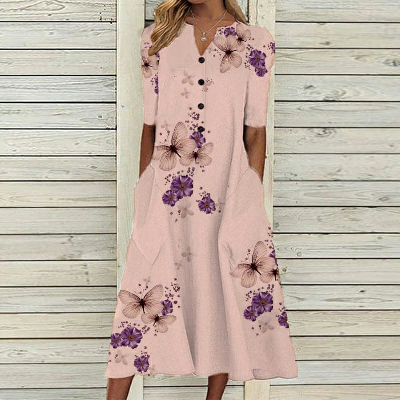 Women’s Midi Dress – V-Neck – Button Down – Short Sleeve – Loose Fit – Butterfly Print
