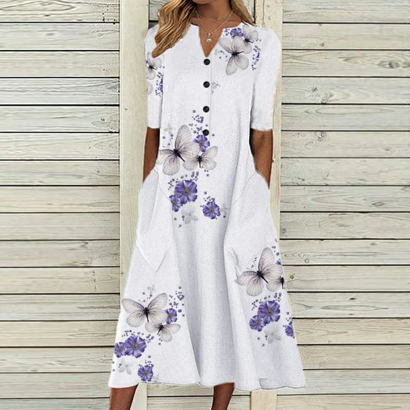 Women’s Midi Dress – V-Neck – Button Down – Short Sleeve – Loose Fit – Butterfly Print