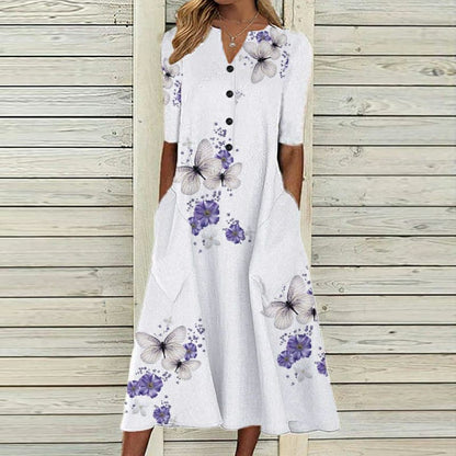 Women’s Midi Dress – V-Neck – Button Down – Short Sleeve – Loose Fit – Butterfly Print
