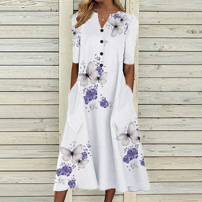 Women’s Midi Dress – V-Neck – Button Down – Short Sleeve – Loose Fit – Butterfly Print