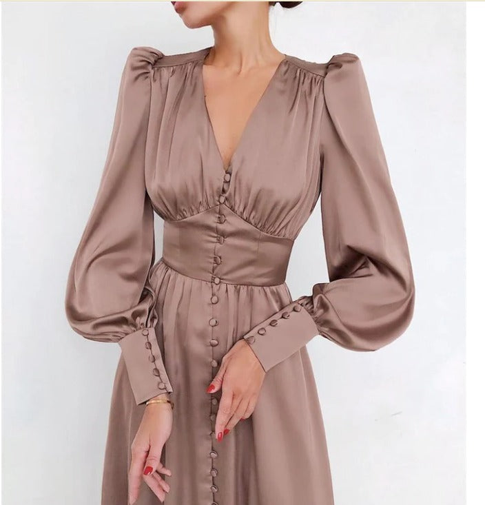 Women's Midi Dress - Silky Fabric - Puff Sleeve V-Neck - Button Front Tailored Fit