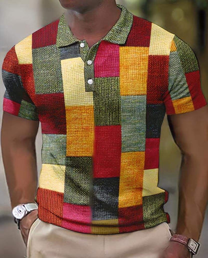 Men’s Polo Shirt - Geometric Patchwork Design - Short Sleeve - Classic Collar