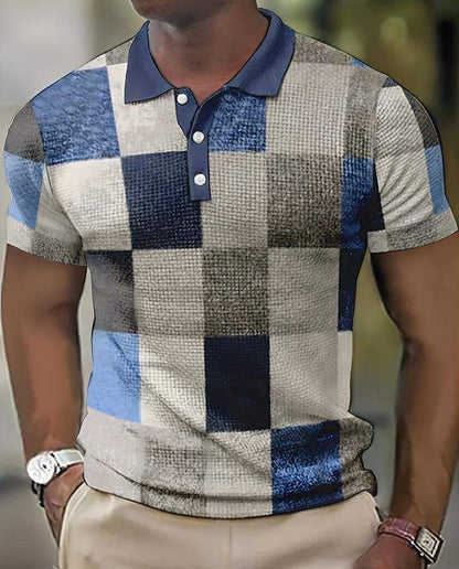 Men’s Polo Shirt - Geometric Patchwork Design - Short Sleeve - Classic Collar