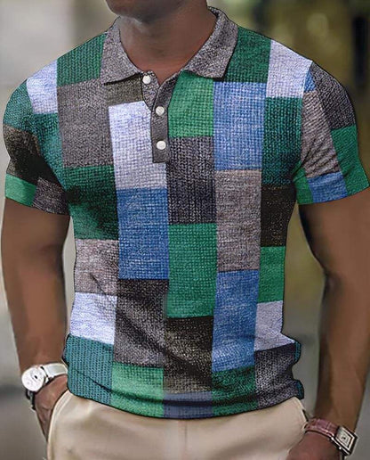 Men’s Polo Shirt - Geometric Patchwork Design - Short Sleeve - Classic Collar