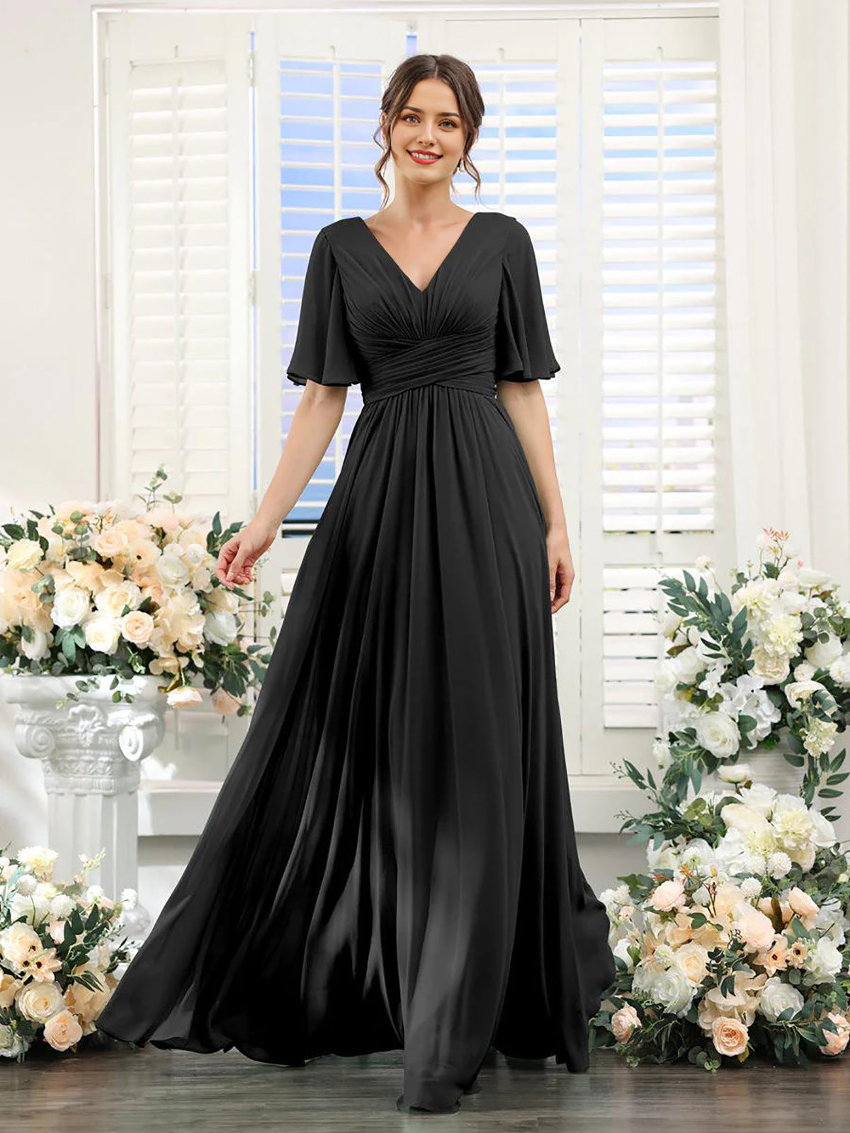 Women’s Formal Dress – Chiffon – V-Neck – A-Line Fit – Ruched Waist – Full Length