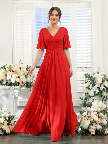 Women’s Formal Dress – Chiffon – V-Neck – A-Line Fit – Ruched Waist – Full Length