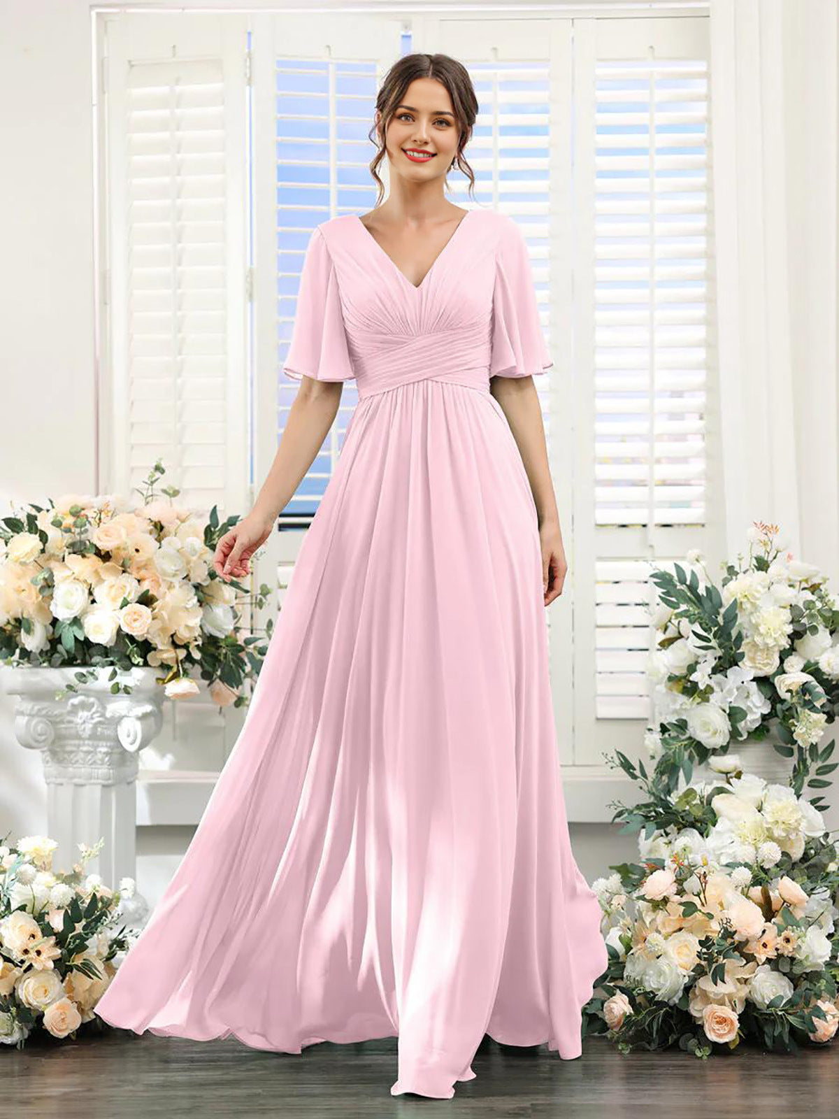 Women’s Formal Dress – Chiffon – V-Neck – A-Line Fit – Ruched Waist – Full Length