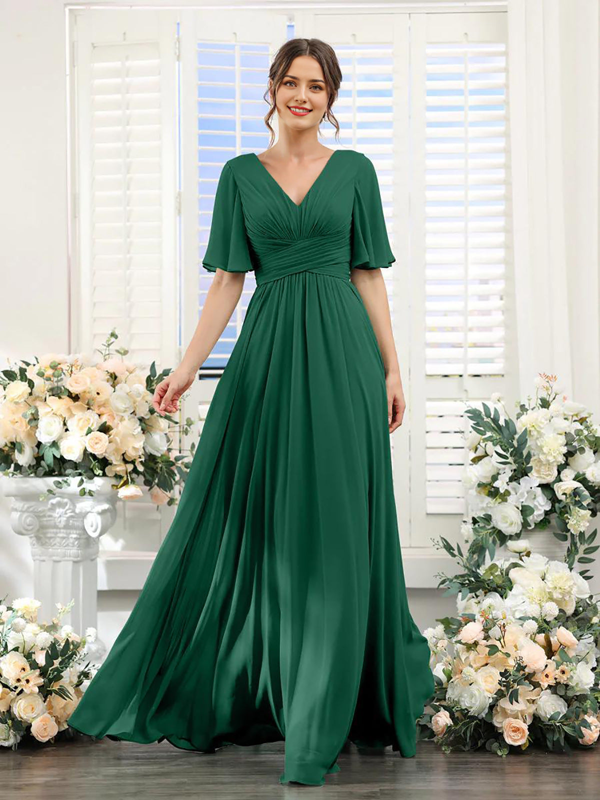 Women’s Formal Dress – Chiffon – V-Neck – A-Line Fit – Ruched Waist – Full Length