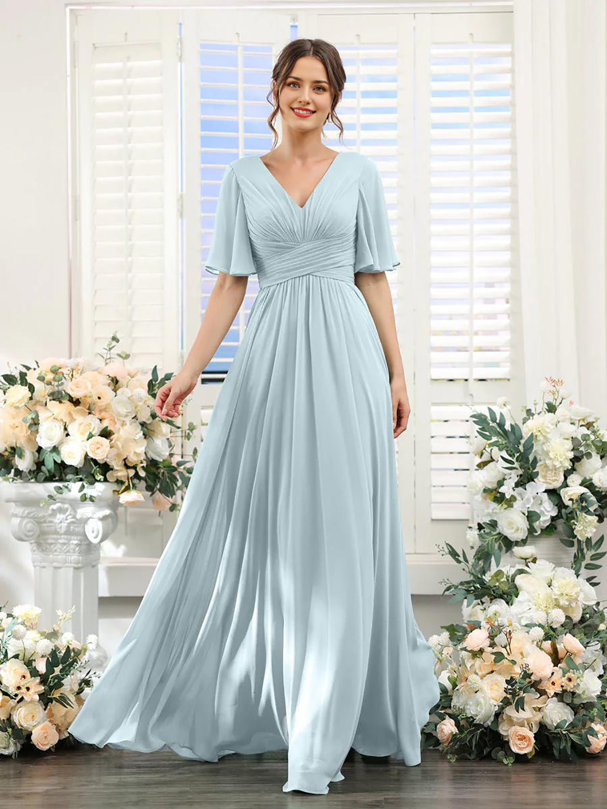 Women’s Formal Dress – Chiffon – V-Neck – A-Line Fit – Ruched Waist – Full Length