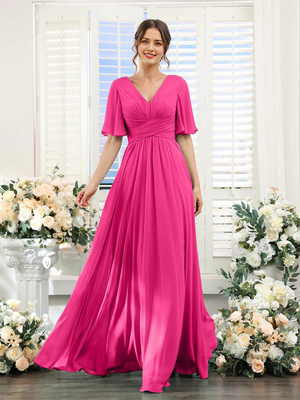 Women’s Formal Dress – Chiffon – V-Neck – A-Line Fit – Ruched Waist – Full Length