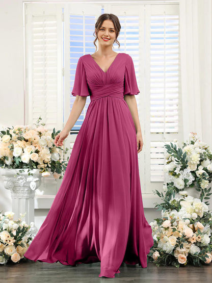 Women’s Formal Dress – Chiffon – V-Neck – A-Line Fit – Ruched Waist – Full Length
