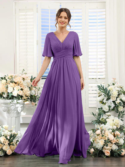 Women’s Formal Dress – Chiffon – V-Neck – A-Line Fit – Ruched Waist – Full Length
