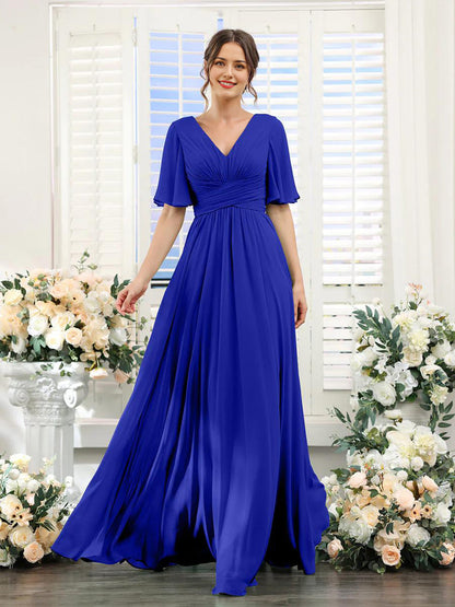 Women’s Formal Dress – Chiffon – V-Neck – A-Line Fit – Ruched Waist – Full Length
