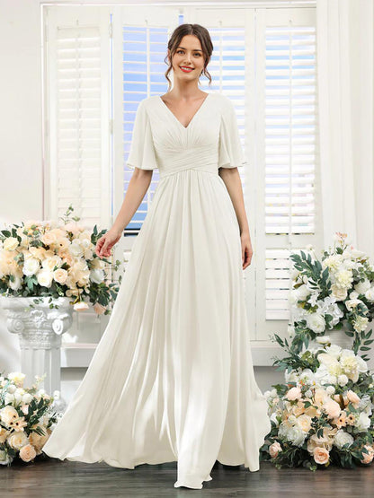 Women’s Formal Dress – Chiffon – V-Neck – A-Line Fit – Ruched Waist – Full Length