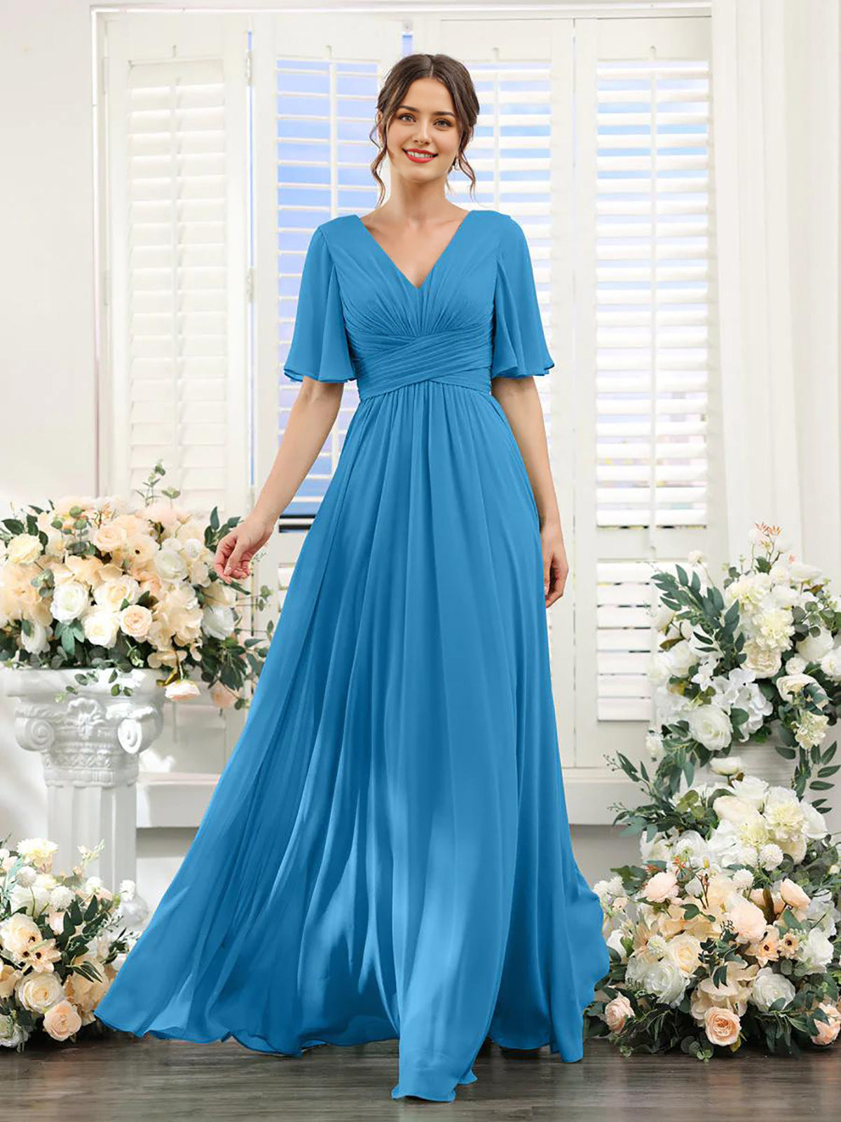 Women’s Formal Dress – Chiffon – V-Neck – A-Line Fit – Ruched Waist – Full Length