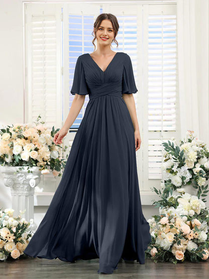 Women’s Formal Dress – Chiffon – V-Neck – A-Line Fit – Ruched Waist – Full Length