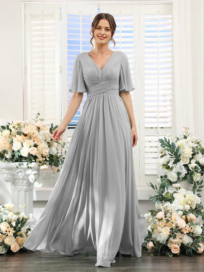 Women’s Formal Dress – Chiffon – V-Neck – A-Line Fit – Ruched Waist – Full Length